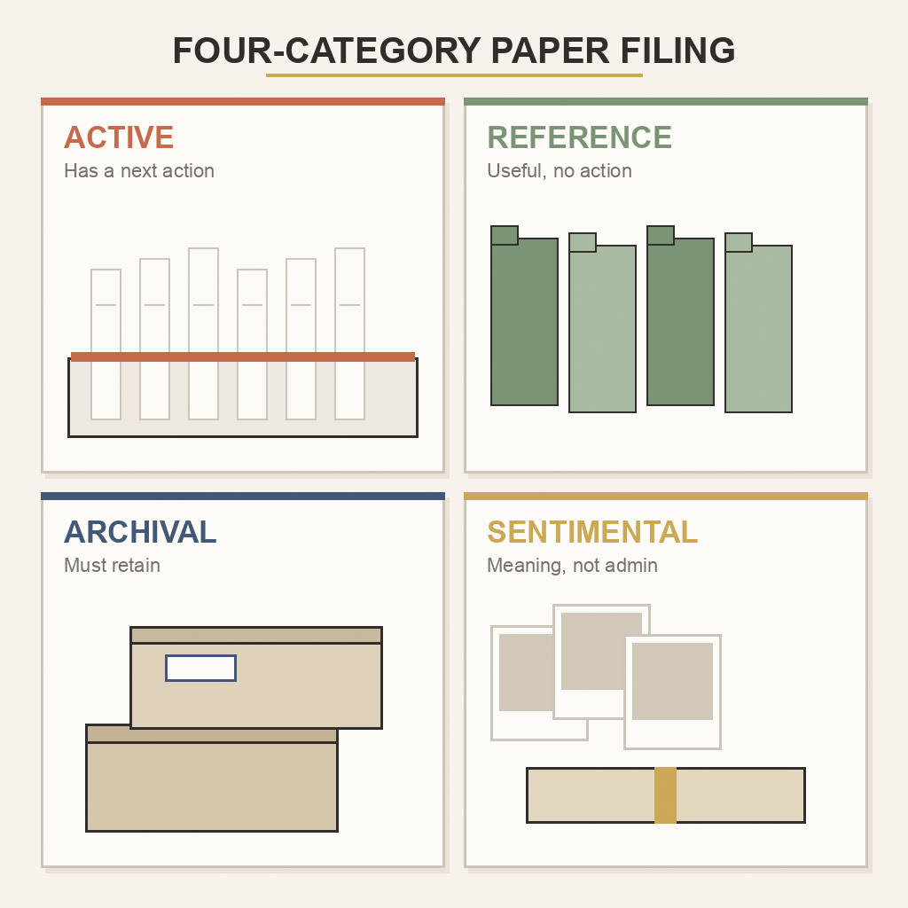 Four-quadrant diagram of the Active, Reference, Archival, and Sentimental paper filing categories