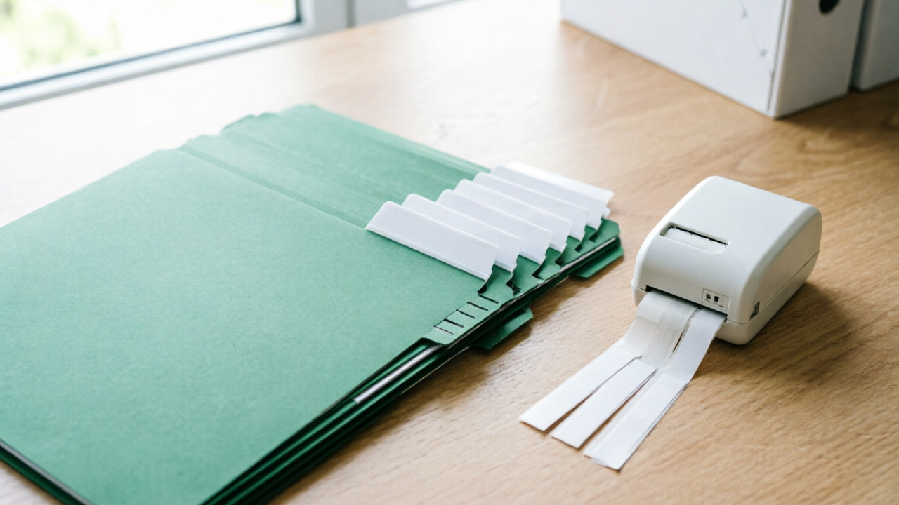 Label maker beside hanging file tabs on a clean desk during category setup