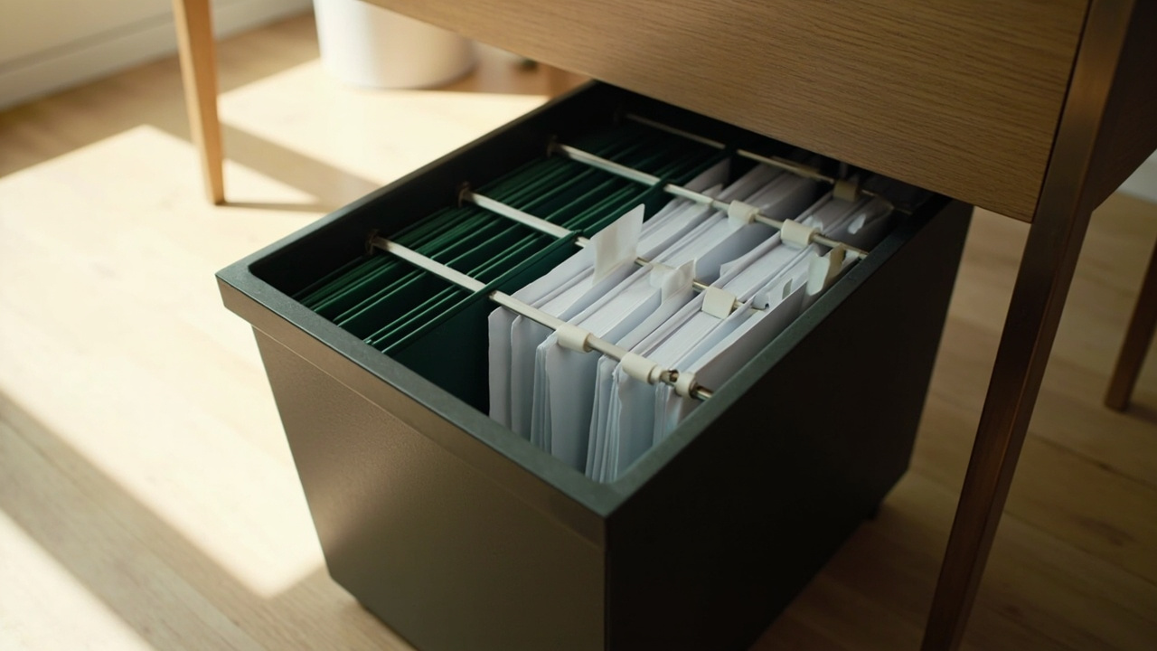 Three home-office layouts: compact desk sorter, shared two-owner cabinet, dedicated wall of hanging files