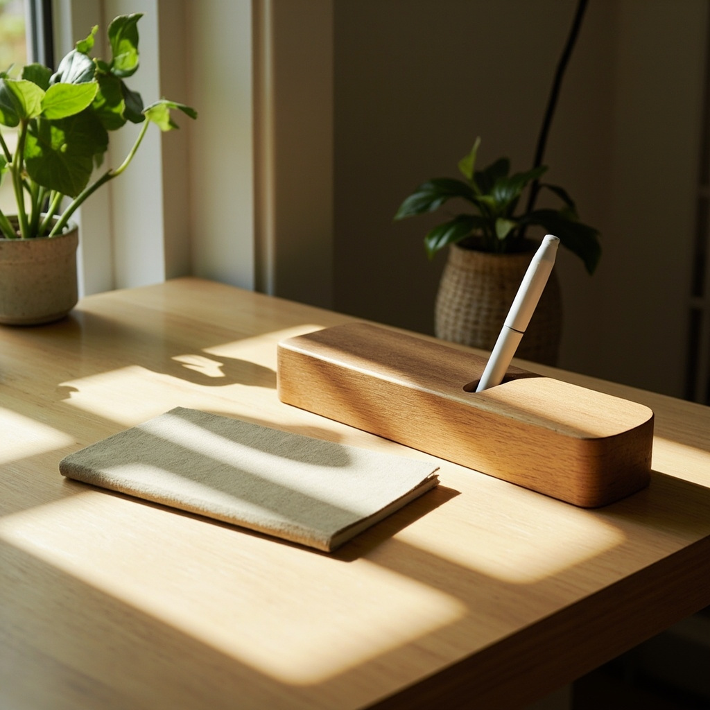 Daily home office tidy with a pen returned to an organizer and a blank notebook on the desk