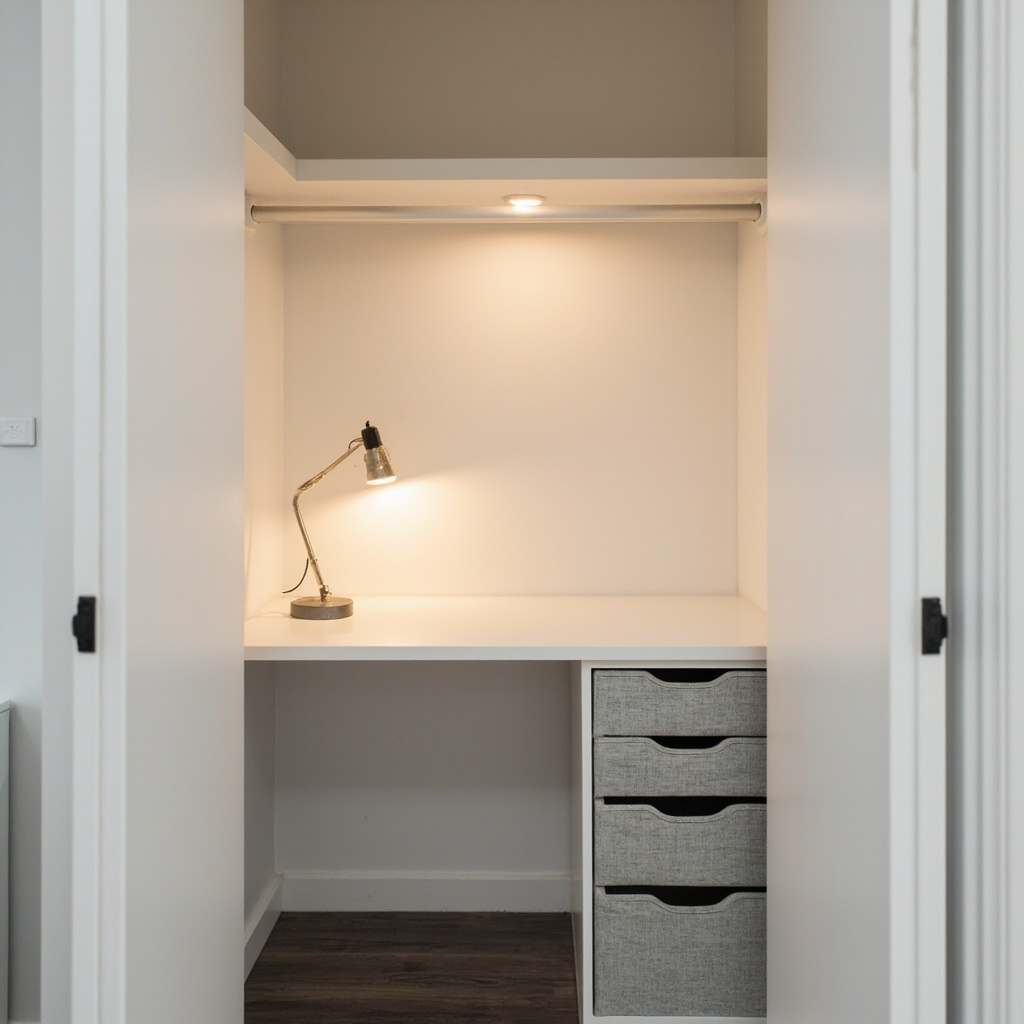A compact home office built inside a standard closet opening with a white straight desk, floating shelf, and task lamp