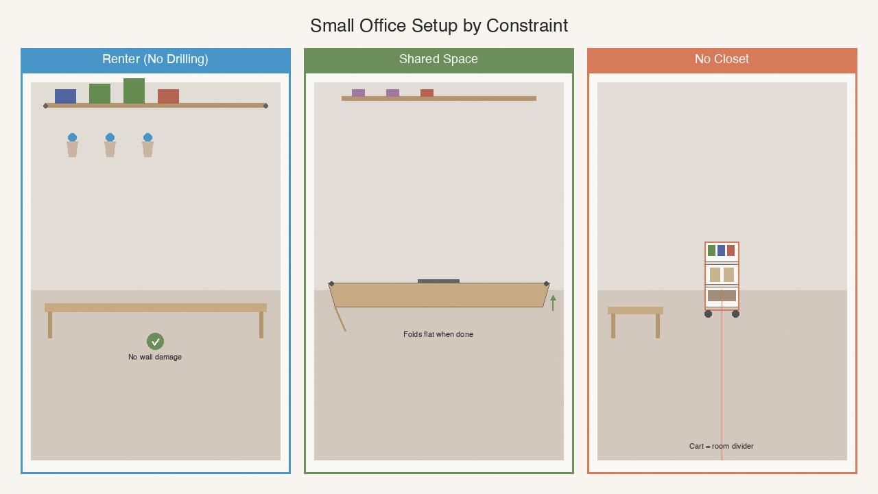 Three office scenarios: renter with tension rods, shared space with folding desk, and no-closet with cart partition