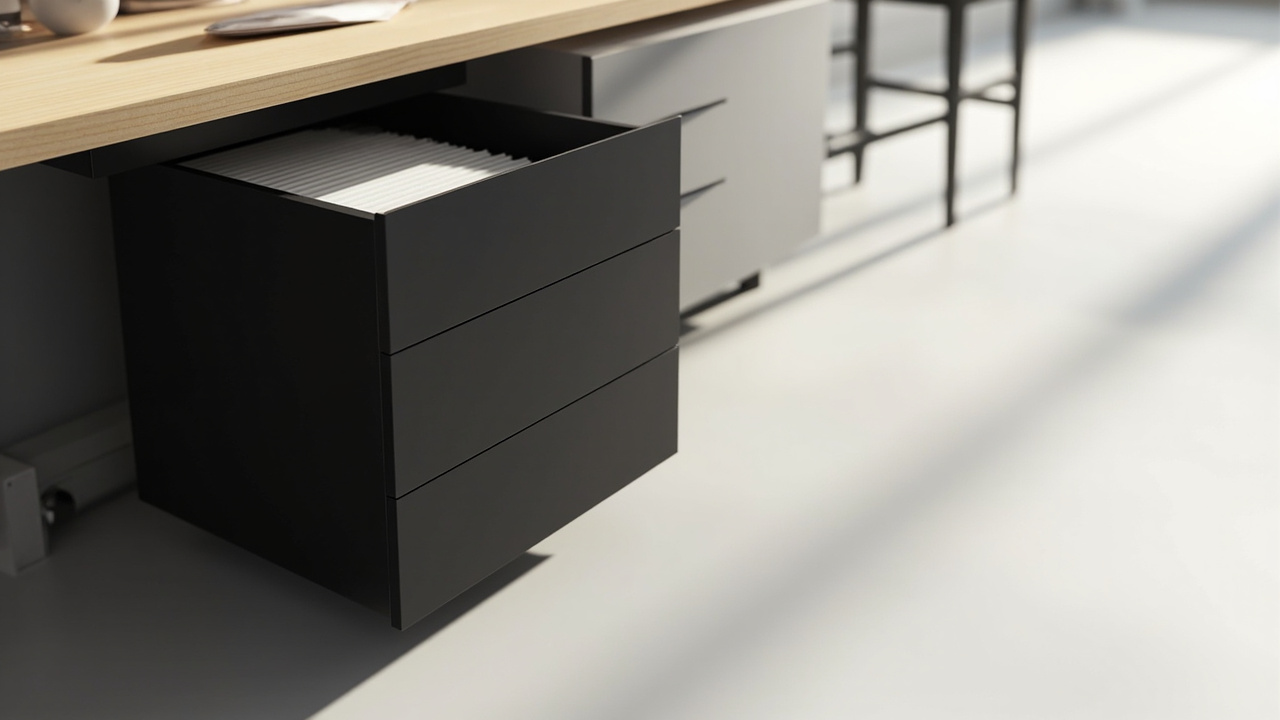 Black three-drawer mobile file cabinet rolling under a compact wood desk with open chair path