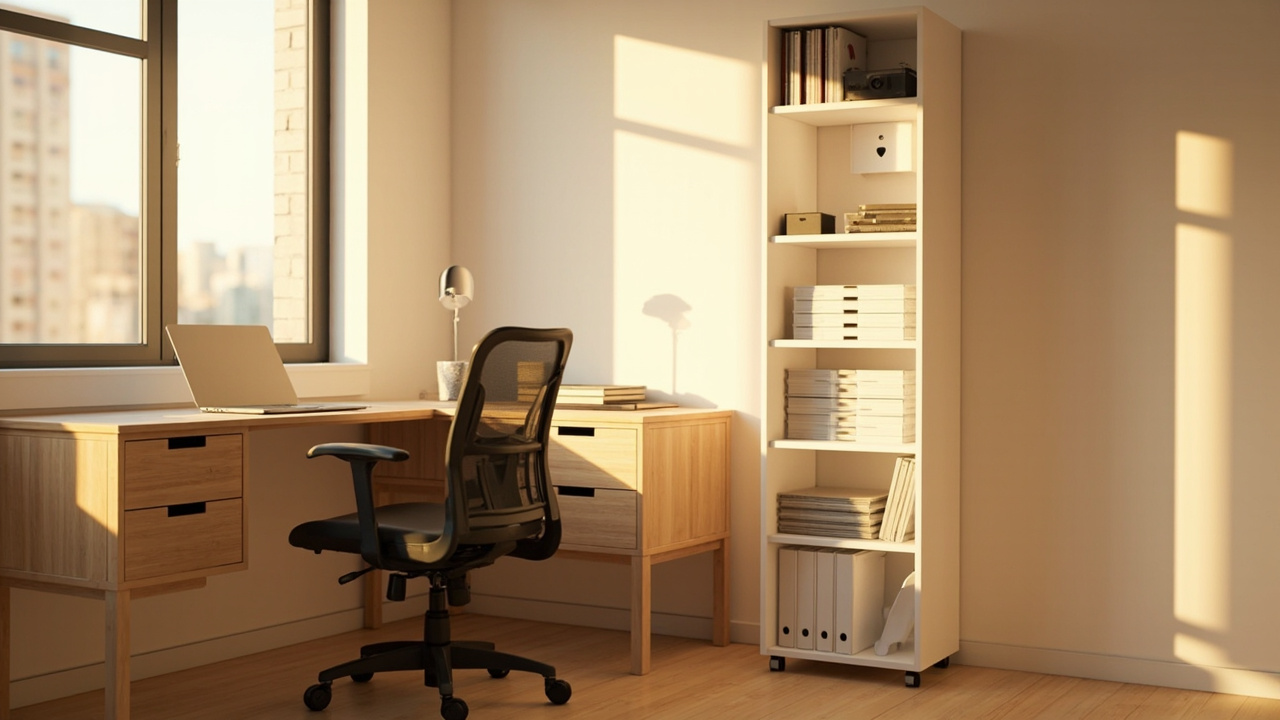 Slim eight-tier white bookshelf tower beside a compact desk with clear bins and open chair path