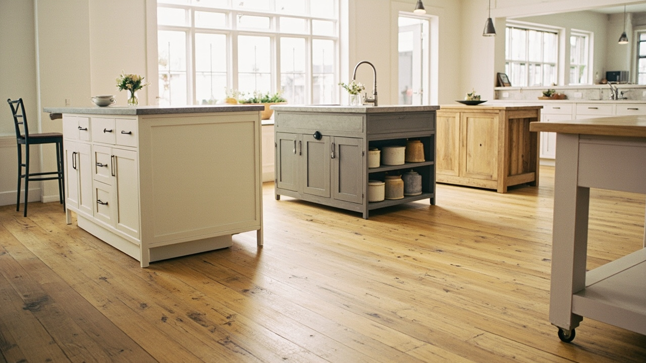 Four kitchen island styles: base-cabinet island with overhang, sink island, natural-wood island, rolling cart island