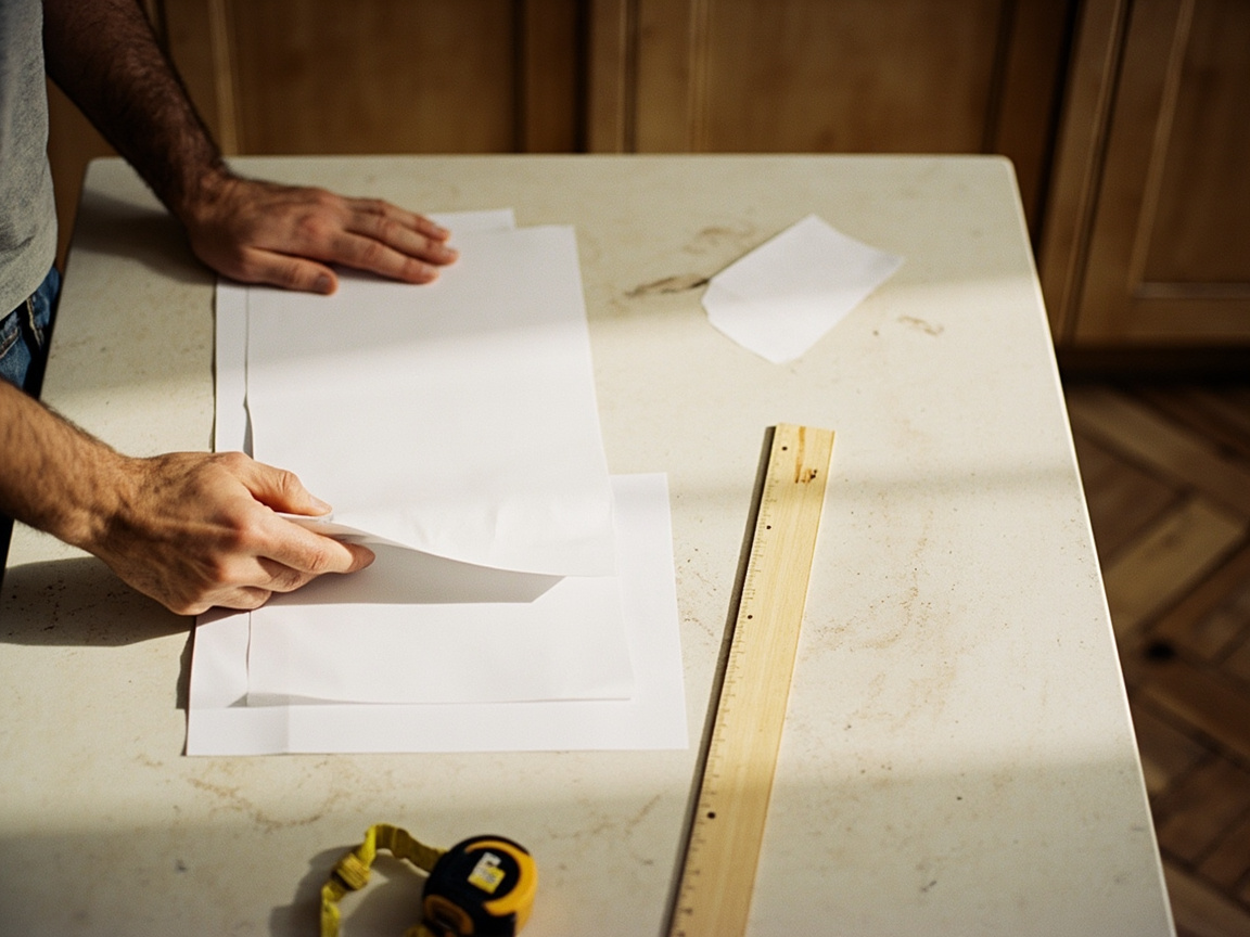 A person stands at a white kitchen island worktop with a tape measure and wooden yardstick laid out for measuring
