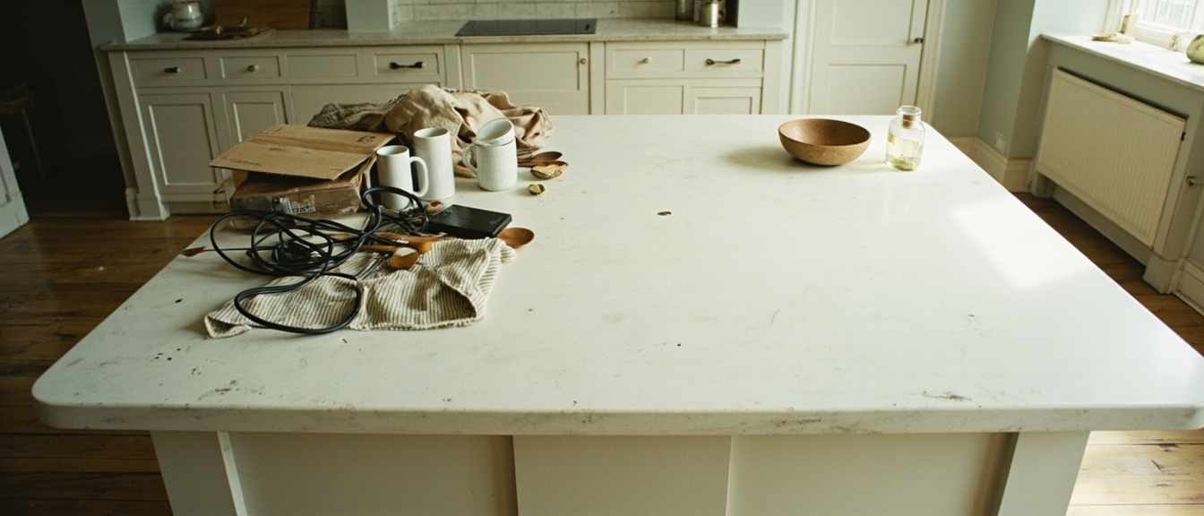The same kitchen island shown cluttered on the left half and cleared on the right half