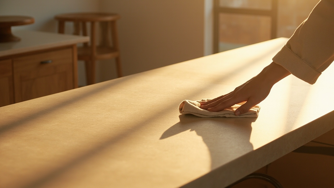 A hand wiping a clear kitchen island worktop with a cloth in evening light