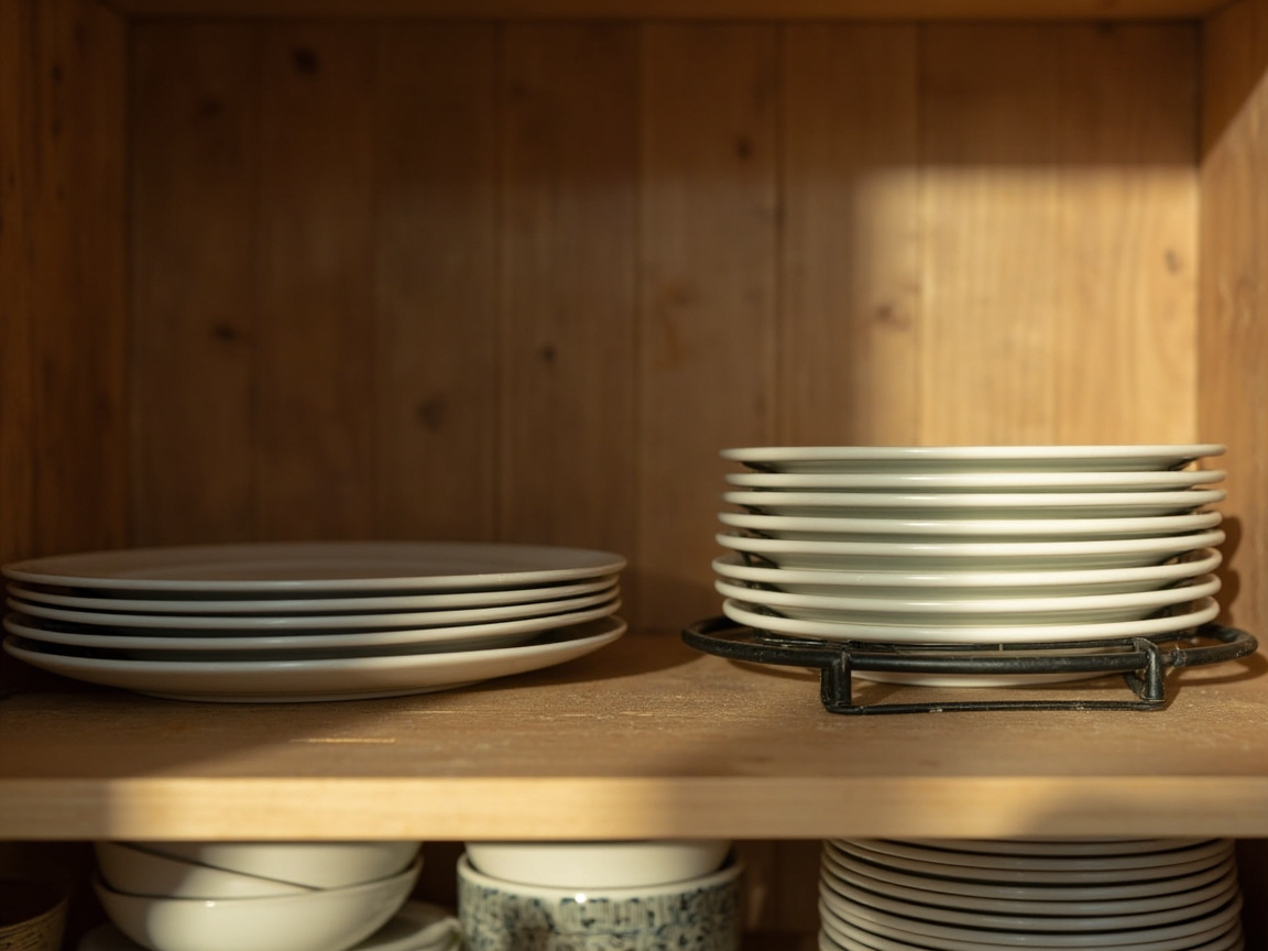 Inside a kitchen cabinet, one metal shelf riser lifting a stack of plates above the shelf