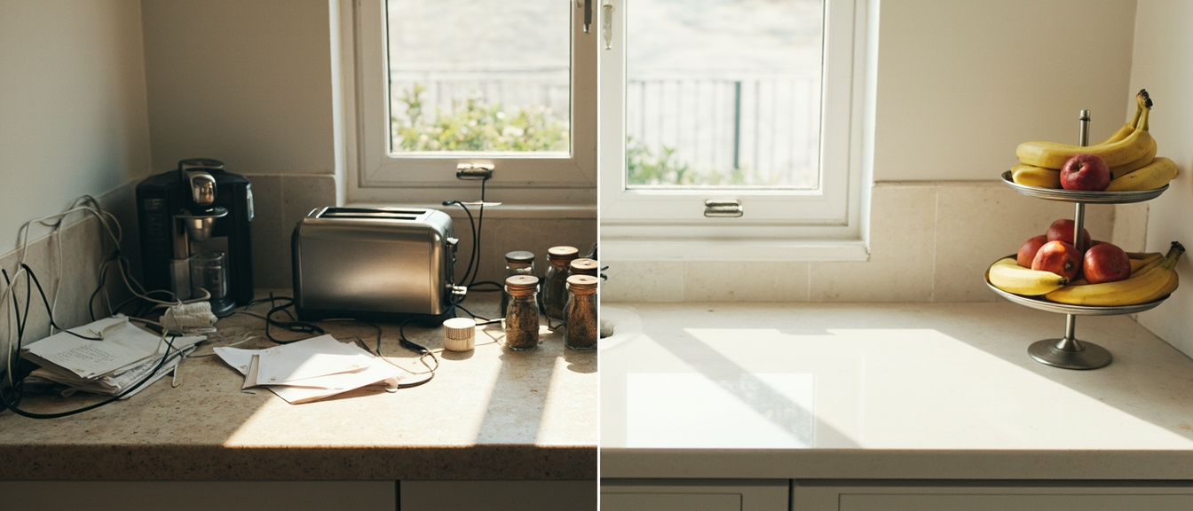 Split screen of one kitchen counter: cluttered with appliances and mail on the left, clear with a fruit basket on the right