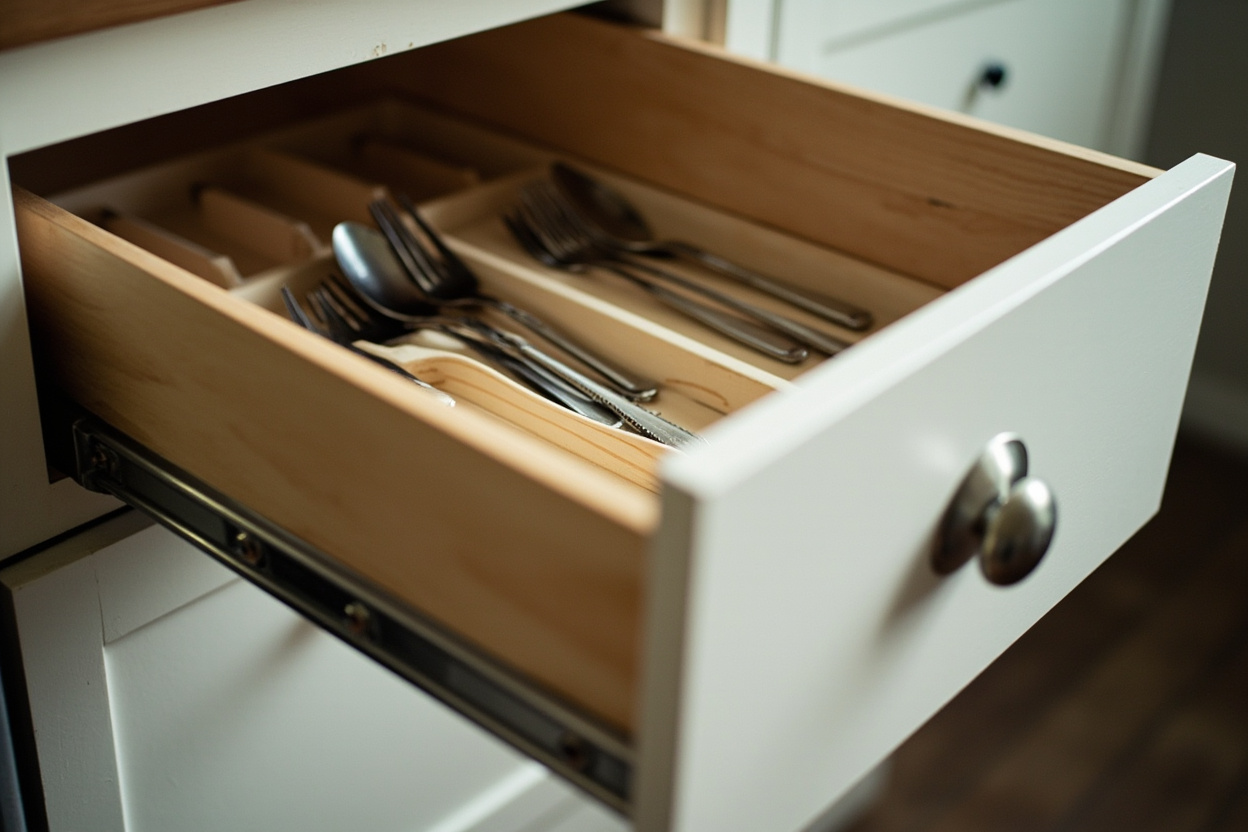 Open kitchen drawer with a wood utensil tray holding forks and spoons in separate slots