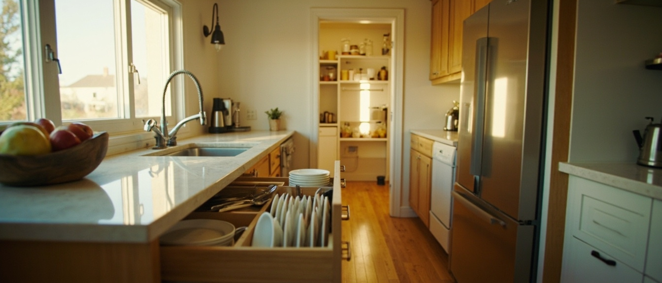One kitchen run: fruit bowl and sink, an open utensil drawer, a pantry doorway, and a fridge
