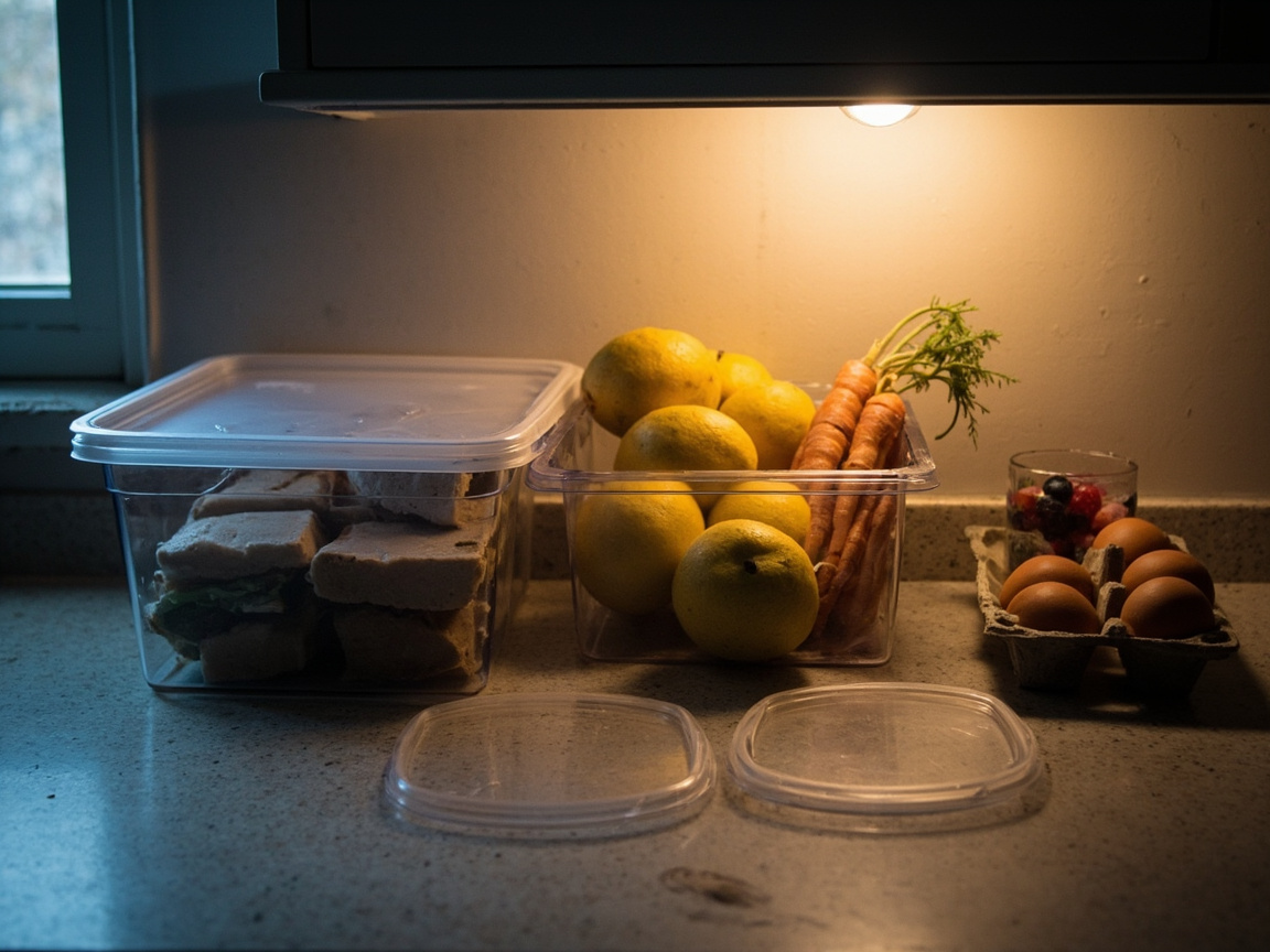 Three clear bins staged on a counter with leftovers, produce, and eggs, fridge out of frame