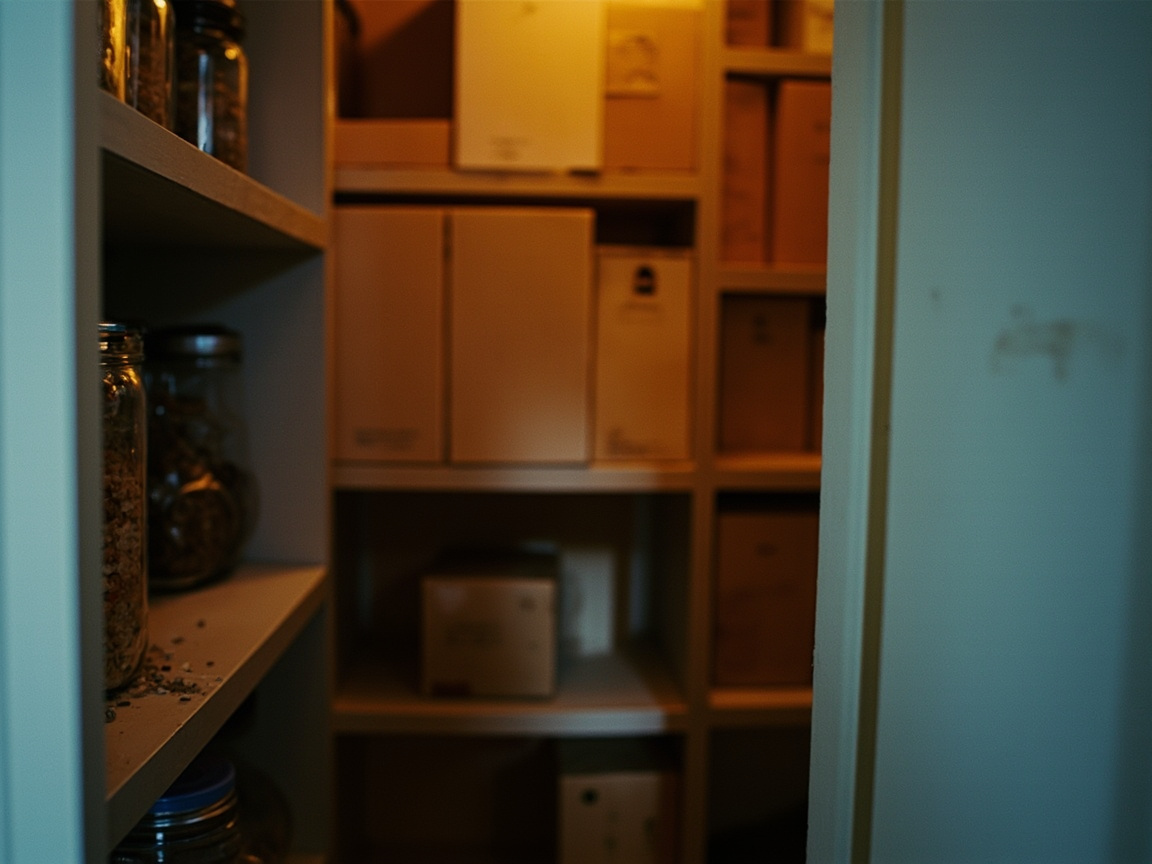 Small pantry doorway with a few unlabeled jars on the near shelf and boxes on the shelves behind