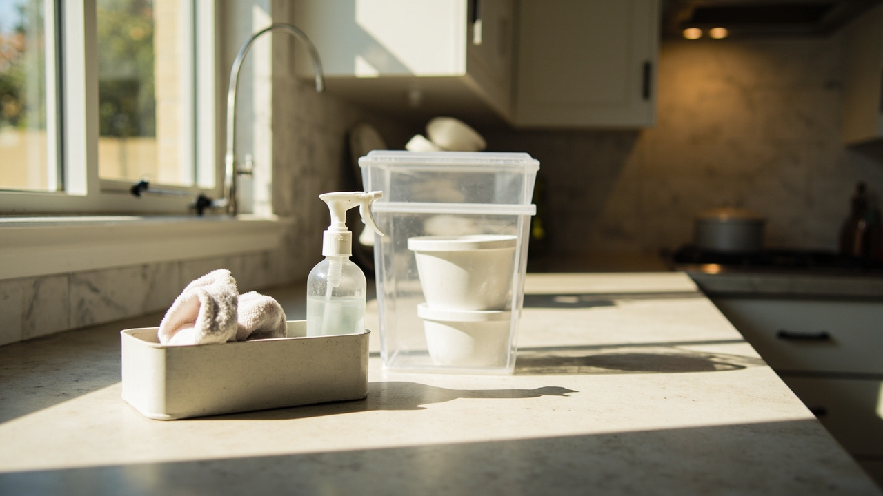 Mostly clear kitchen counter mid reset, with a spray bottle, towel tray, and a clear bin of bowls