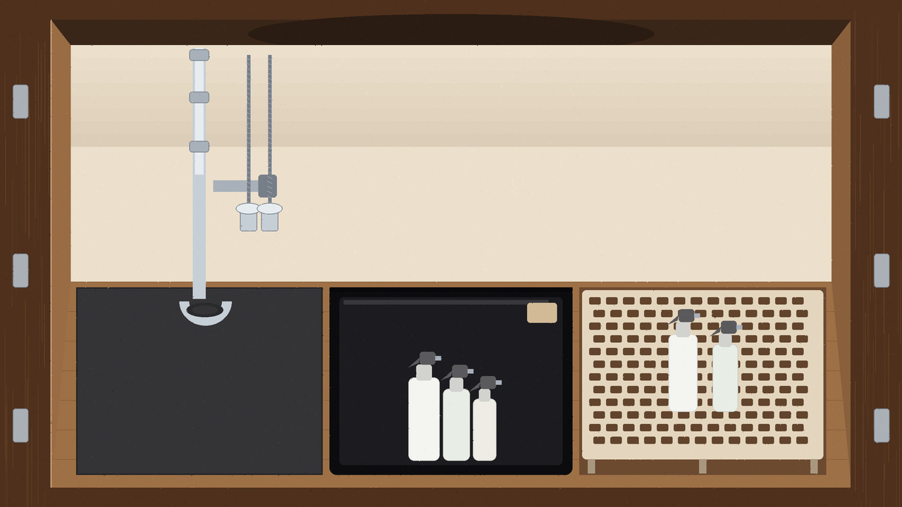 Three leak-safe under-sink floors: waterproof mat, lipped rinse tray, and open grille riser around a P-trap