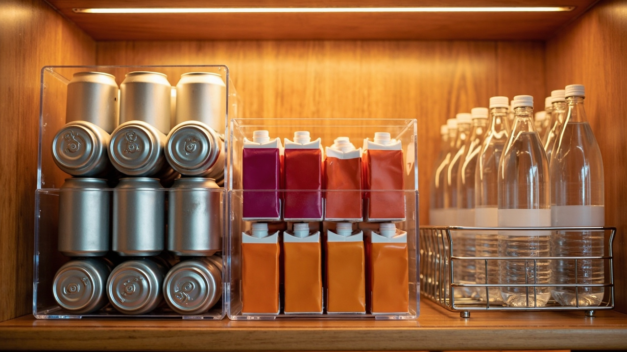 Clear stackable bins holding canned drinks and juice boxes on a dedicated pantry beverage shelf