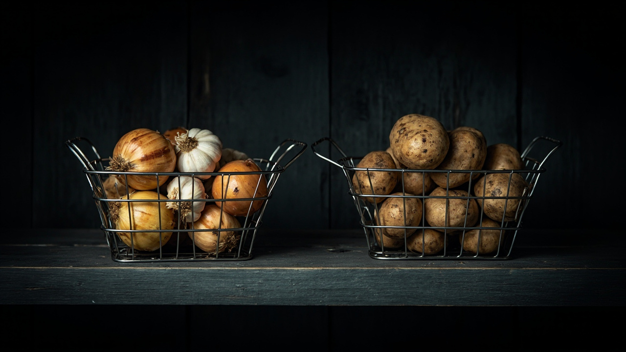 Open wire baskets holding onions and potatoes on a dark pantry shelf with airflow