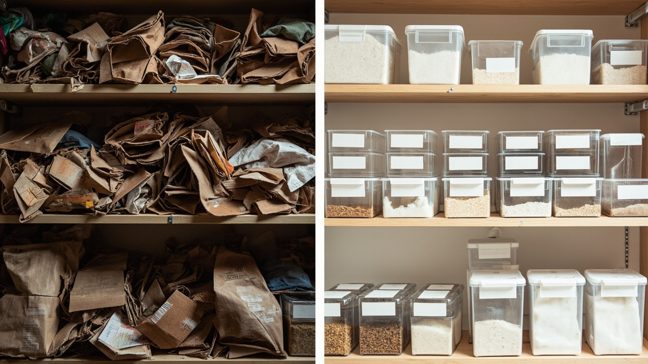 Before and after comparison showing cluttered versus organized pantry storage systems