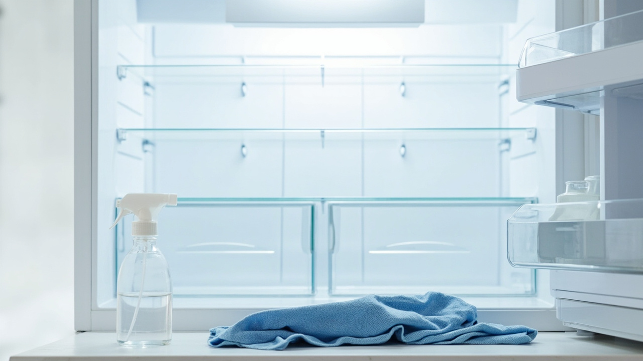 Empty refrigerator shelves after all food has been removed and placed on the counter