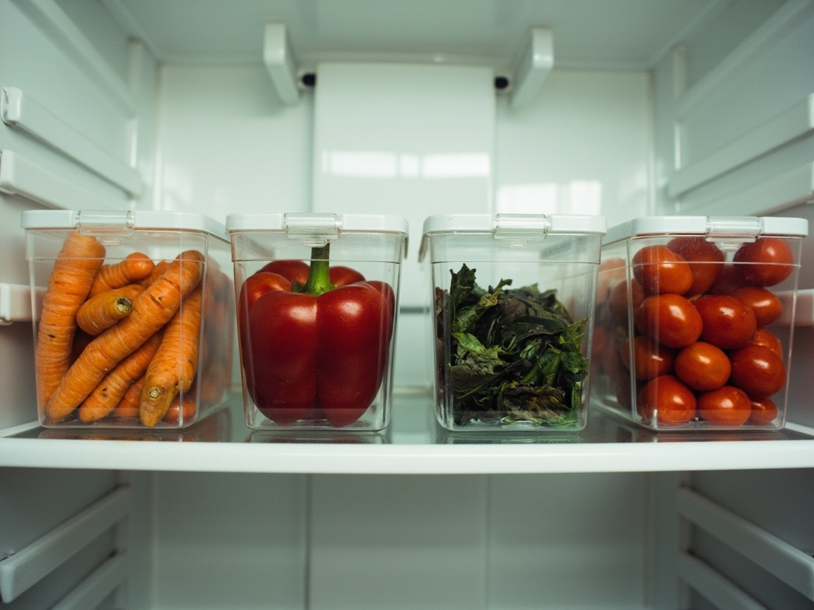 Four clear stackable bins filled with vegetables on a refrigerator main shelf