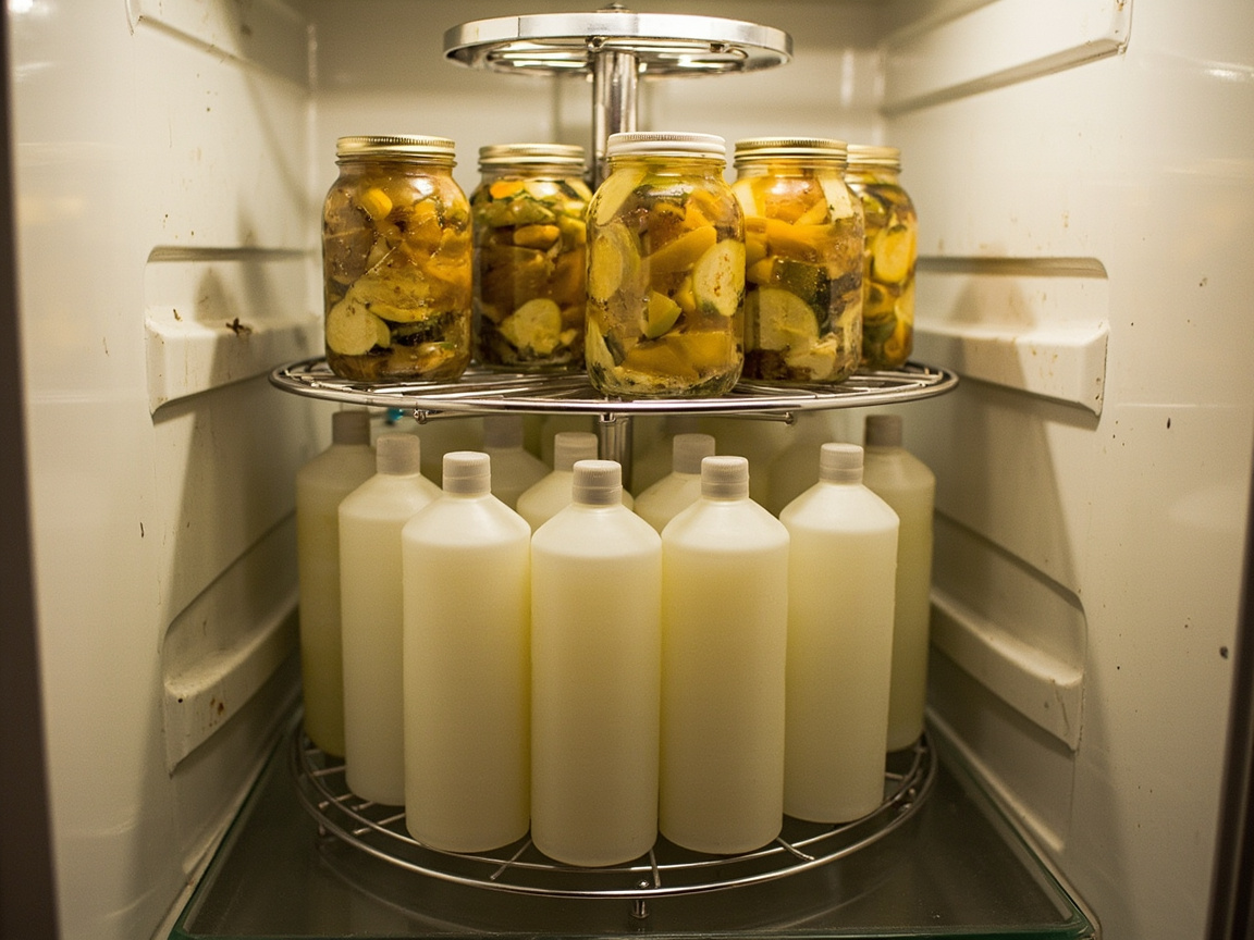 A two-tier turntable holding jars and bottles, viewed from above on a refrigerator shelf