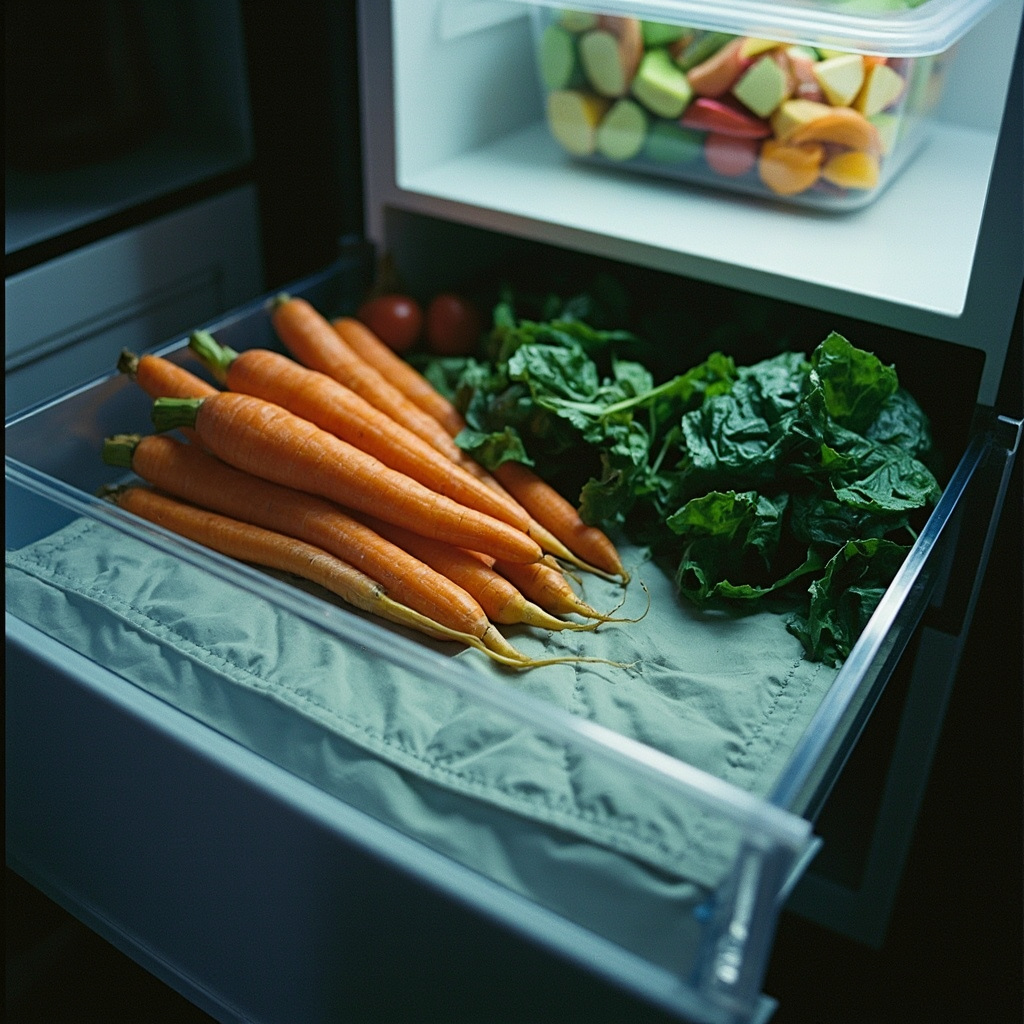 A refrigerator crisper drawer lined with a washable mat holding vegetables