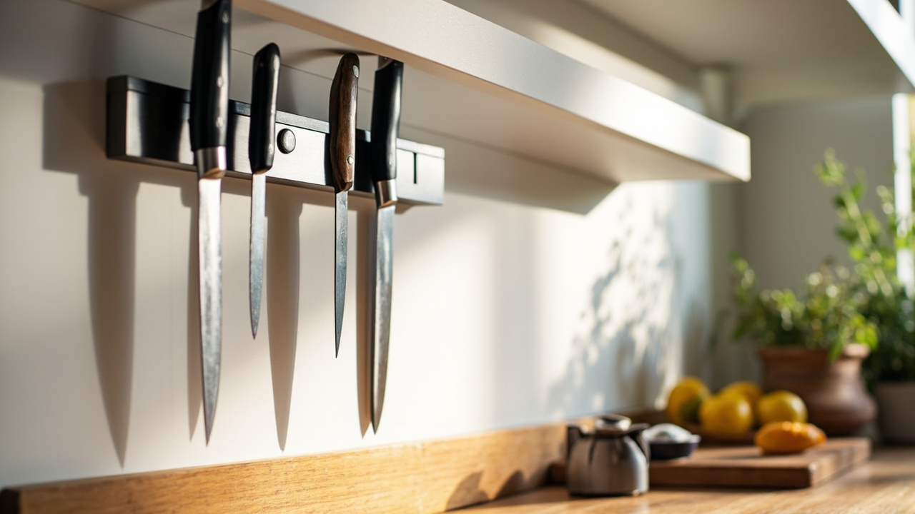 Wall mounted magnetic knife strip in modern kitchen holding chef knives and kitchen shears