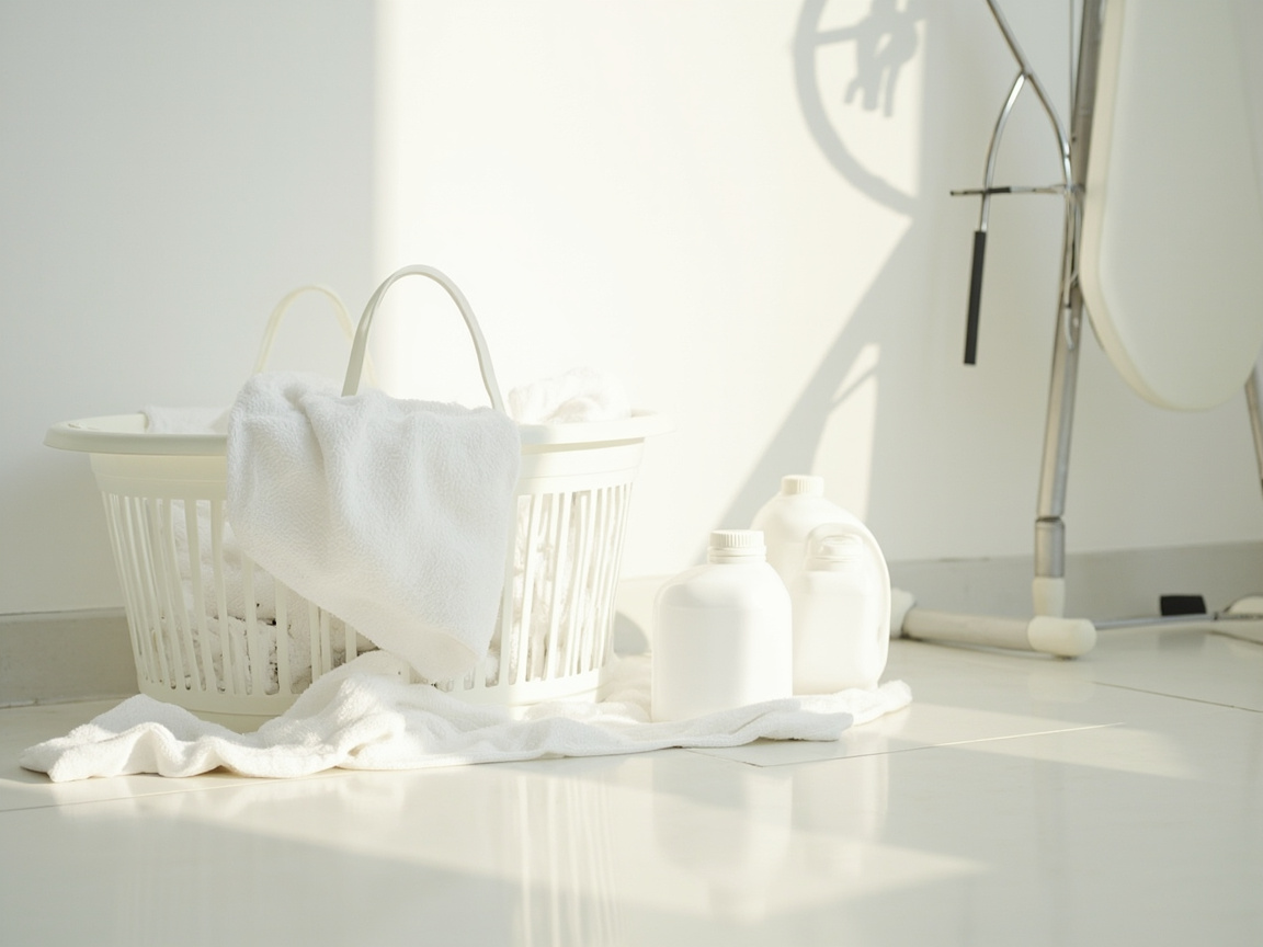 Cluttered laundry corner with tangled detergent bottles, loose dryer sheets, an over-stuffed sorter