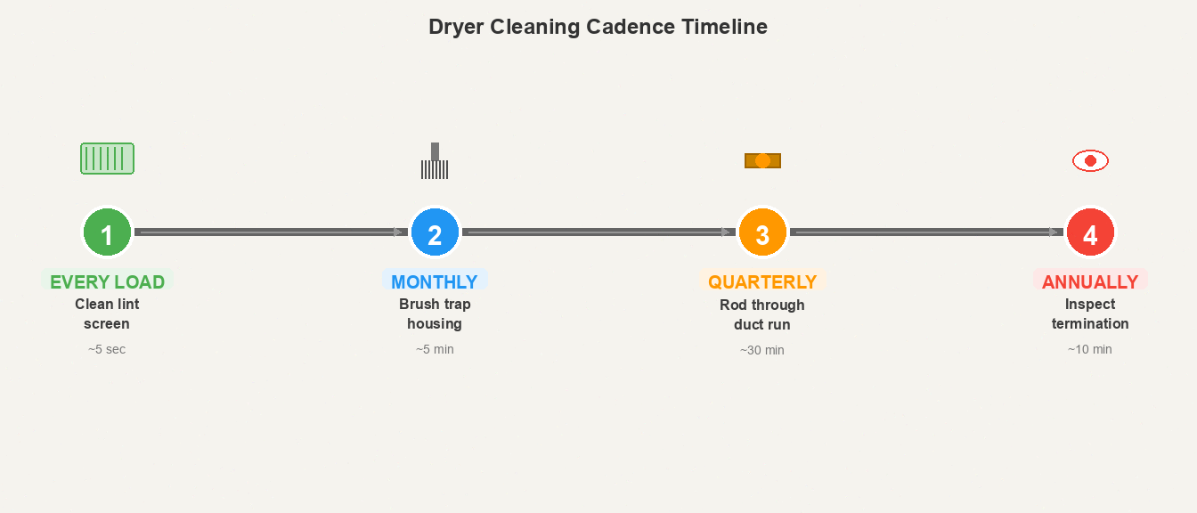 Horizontal timeline showing four dryer cleaning cadences from every load to annually