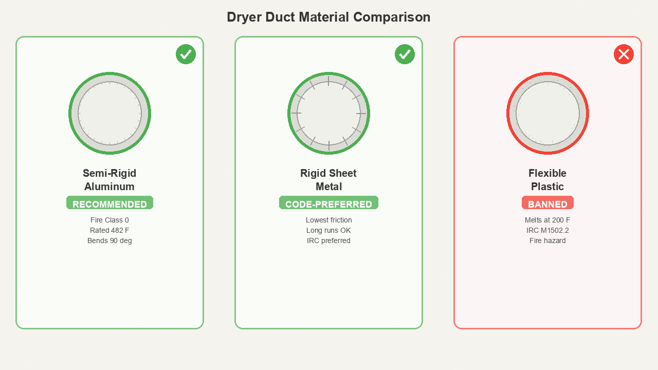 Side-by-side comparison of semi-rigid aluminum, rigid sheet metal, and banned flexible plastic dryer ducts