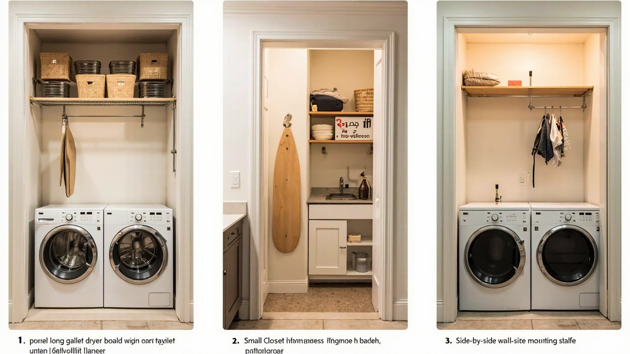 Three vertical laundry layouts with iron and repair station: long galley, small closet, and side-by-side.