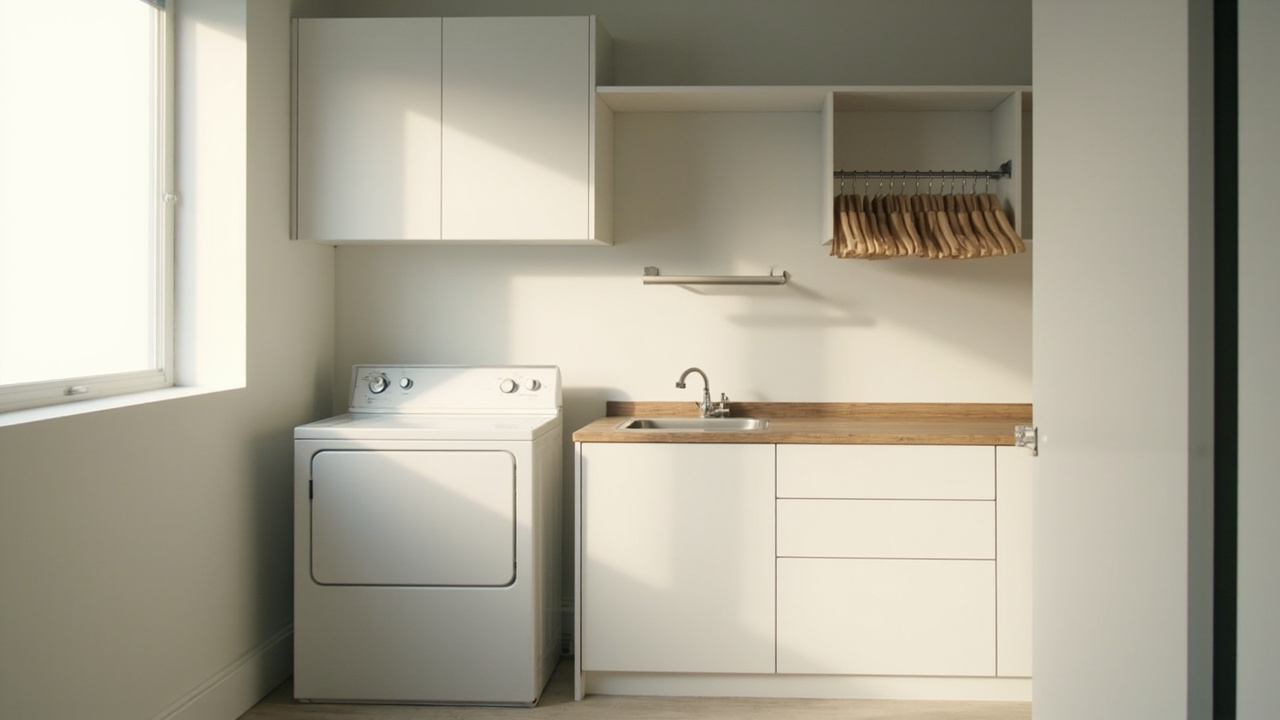 Laundry room layout showing folding station position relative to washer and dryer
