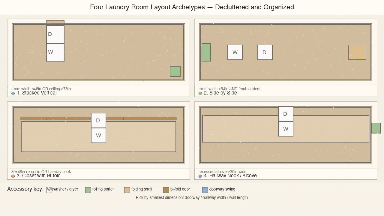 Four laundry layout archetypes compared: stacked vertical, side-by-side, closet with bi-fold, and hallway nook.