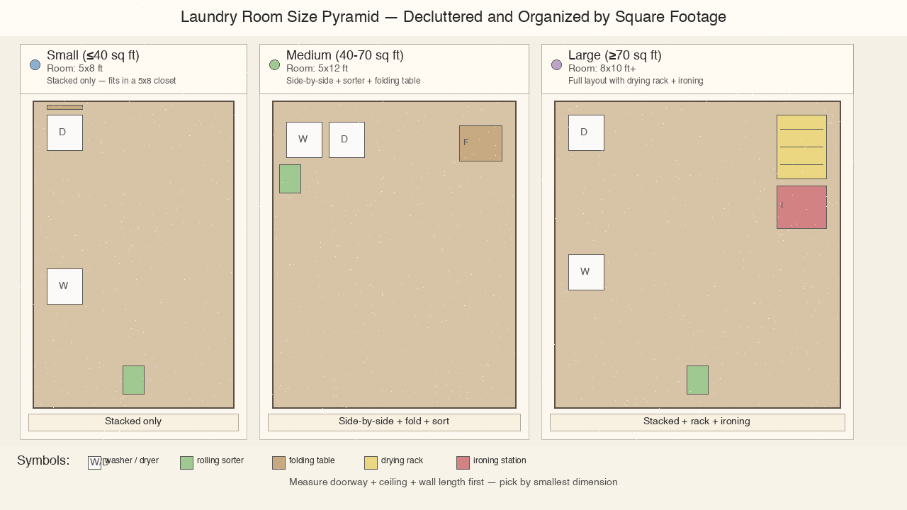 Laundry layout pyramid by square footage: small stacked, medium side-by-side, and large full configurations.