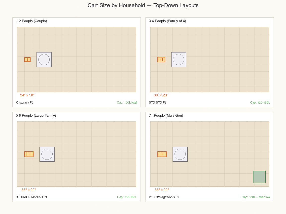 Top-down floor plan of cart layouts by household: 1-2, 3-4, 5-6, 7+ person, with footprints 24x18 to 36x22 inches.