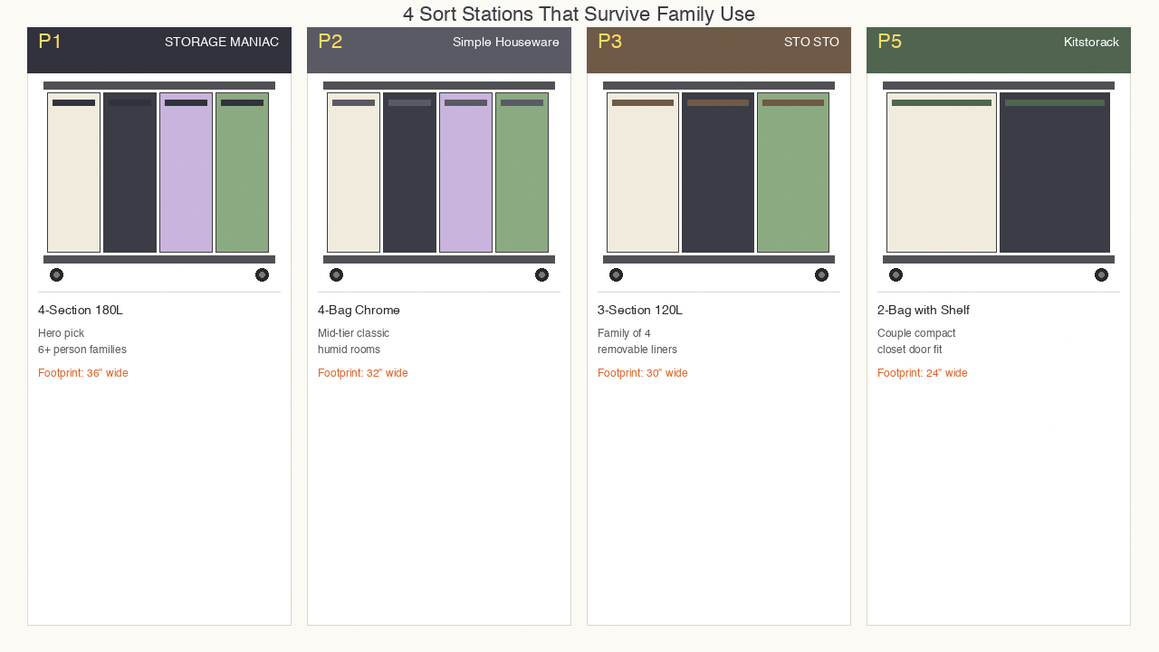 4-panel comparison of P1 STORAGE MANIAC, P2 Simple Houseware, P3 STO STO, P5 Kitstorack sorters, with footprints.