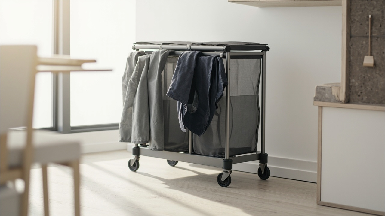 Laundry sorting system showing pre-labeled bins that feed the weekly reset cycle