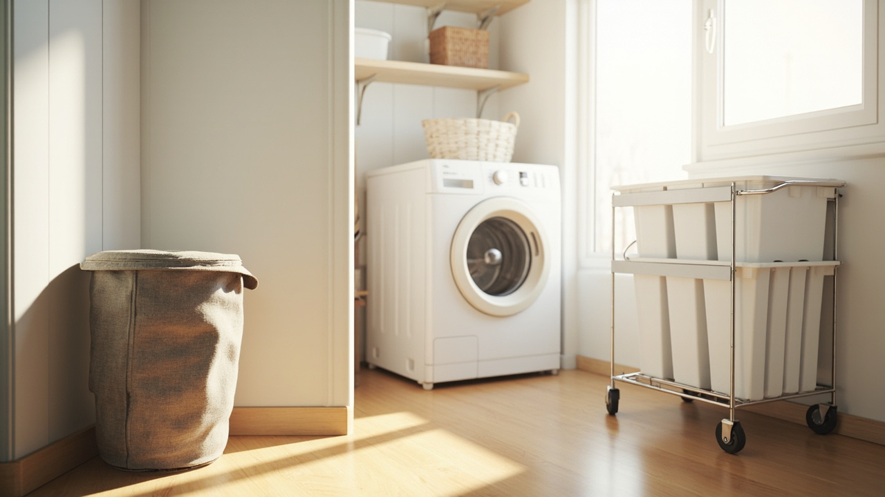 Split scene: bedroom freestanding lidded hamper upstairs and rolling sorter cart at the laundry room downstairs
