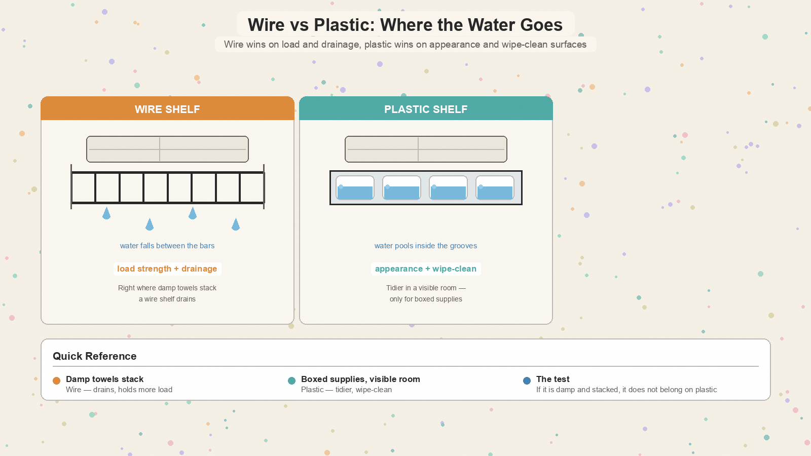 Side-by-side wire and plastic shelves: water falls between wire bars, pools in plastic grooves; wire wins load and drainage