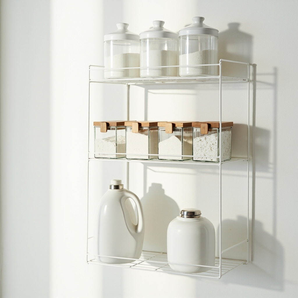Wire shelf staging area for laundry supplies with labeled zones