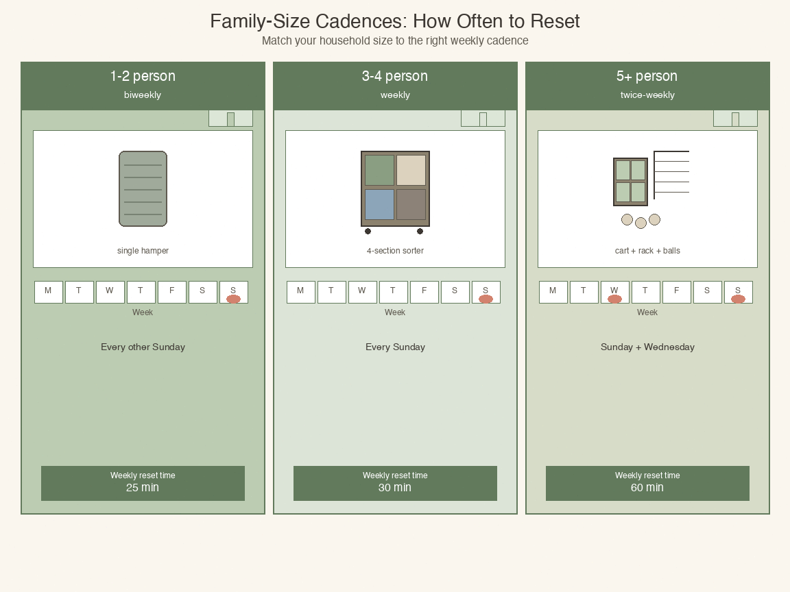 Family-size laundry cadence chart for 1-2, 3-4, and 5+ person households