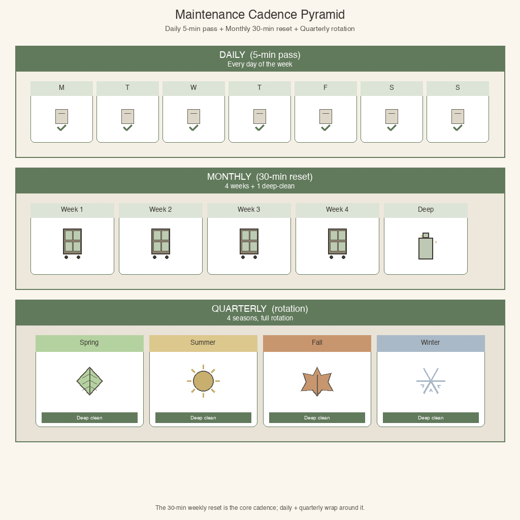 Three-layer maintenance pyramid: daily five-minute pass, monthly deep-clean, and quarterly seasonal rotation.