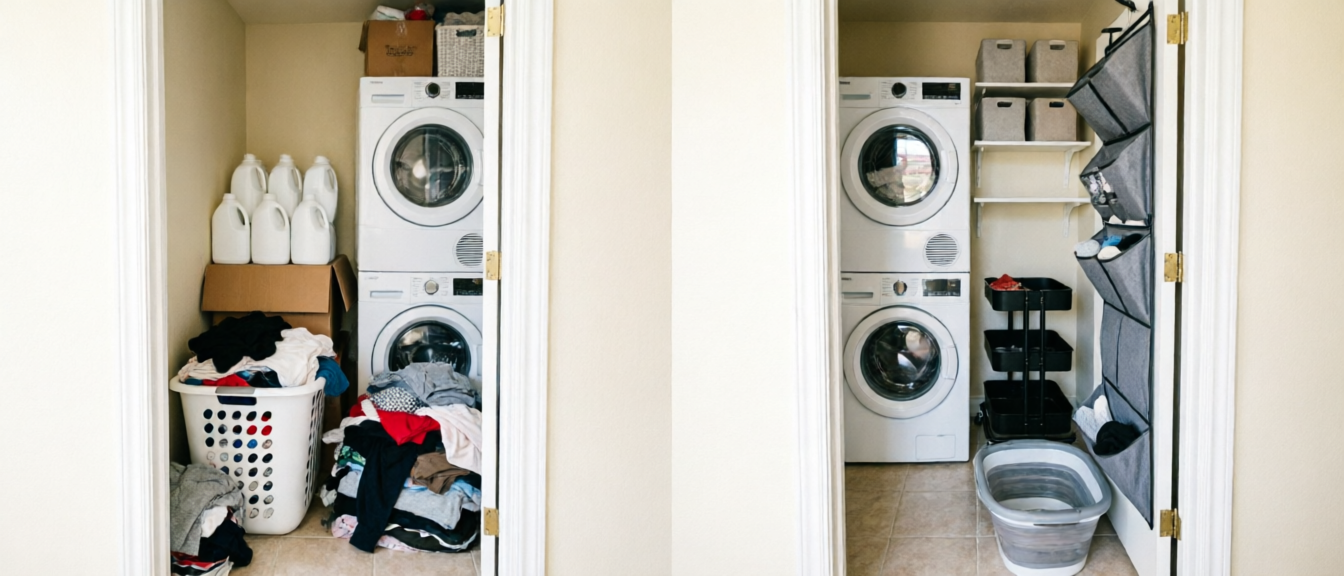 Before-after laundry closet: bulk jugs and cardboard versus stacked vertical storage and clear floor