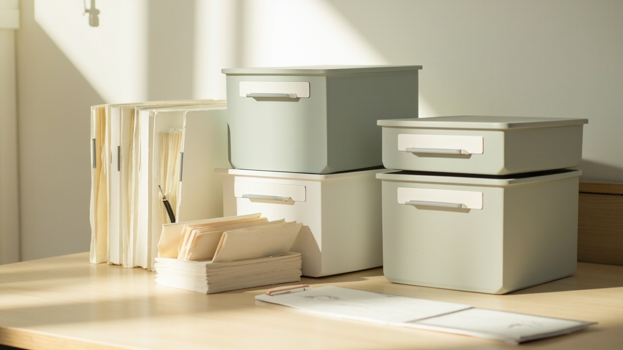 Tidy desk with file folders and labeled bins in home office