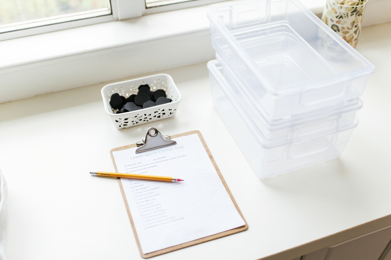 Clipboard with storage audit checklist, pencil, clear stackable bins, and chalkboard labels on a kitchen counter