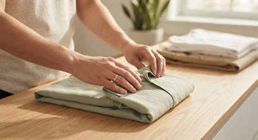 Hands folding a linen shirt KonMari style