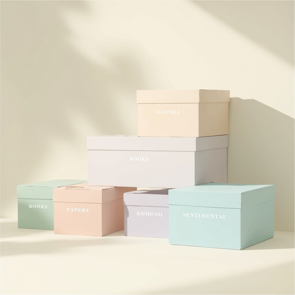 Five labeled boxes showing KonMari category sequence clothes books papers komono sentimental