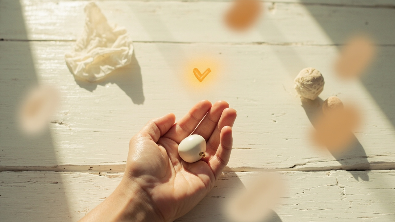 Hand holding an item with heart glow showing KonMari joy decision filter in practice