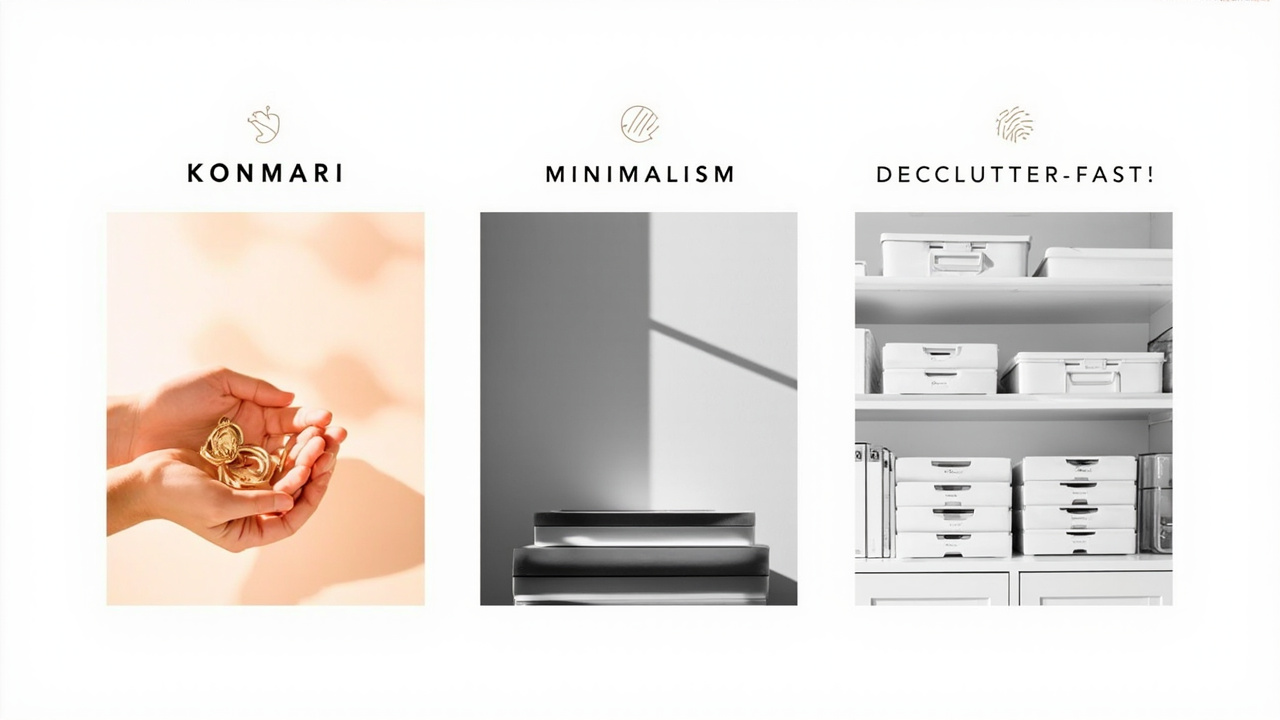 Three-column comparison infographic of KonMari Minimalism and Declutter-Fast methods side by side